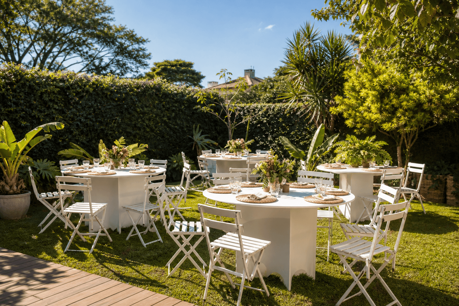 Mesas e cadeiras alugadas para festa de férias em Curitiba com convidados reunidos