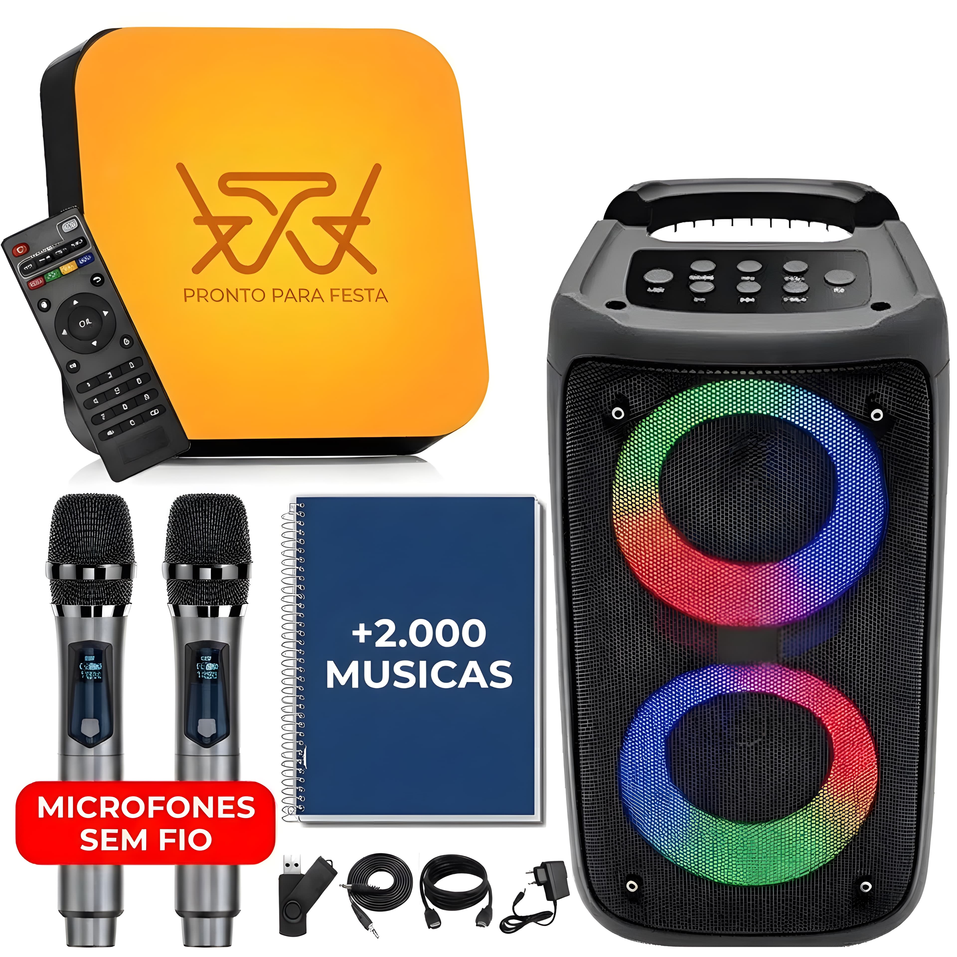 Karaokê completo: caixa de som amplificada, 2 microfones sem fio e catálogo de músicas